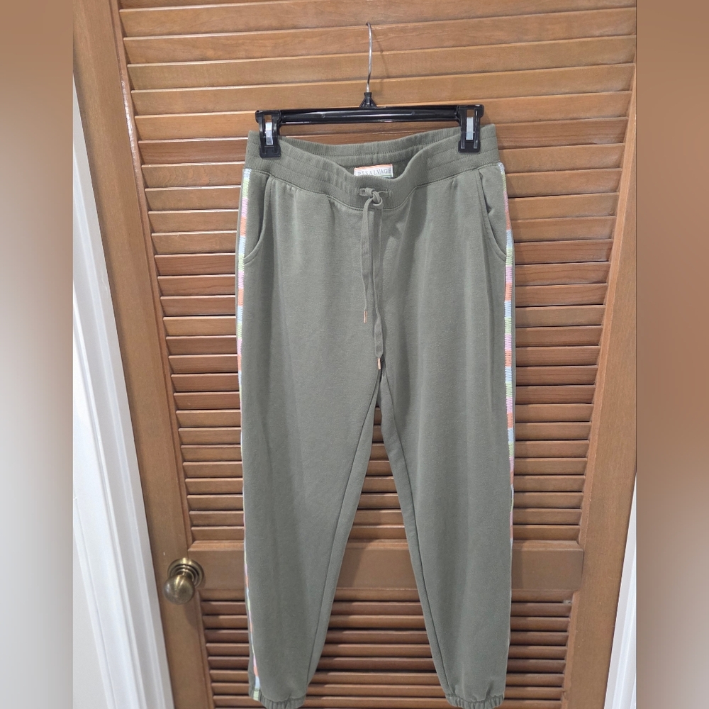 PJ Salvage Women's Pajama Jogger lounge Pants Olive Green Stripe Pink Soft MED